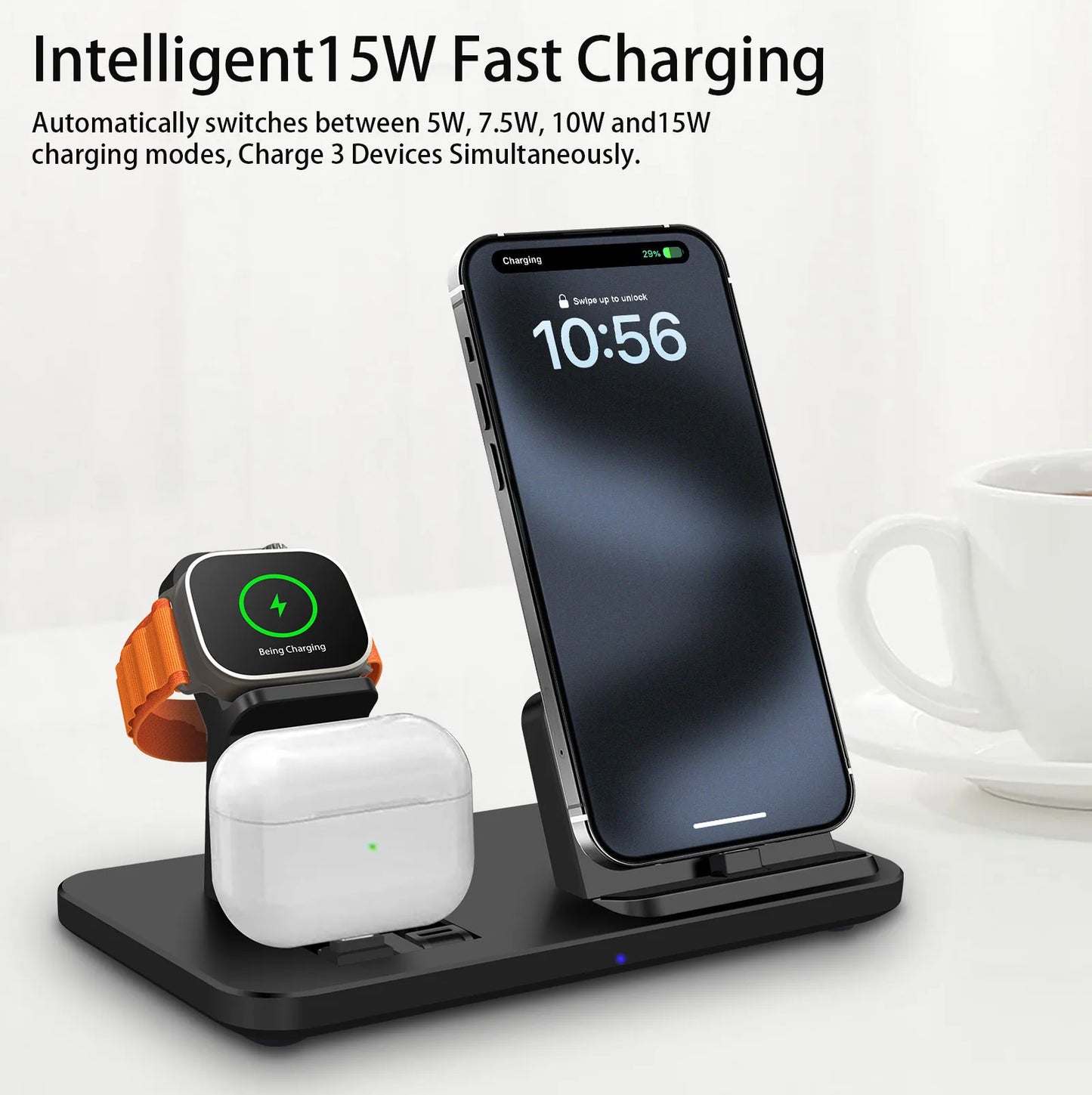 3 in 1 Wireless Charger For iPhone 15/Pro/Pro Max/Plus Charger Fast Charging Station for iWatch 9 8 7 6 5 4 3 2 Airpods 2 3 Pro