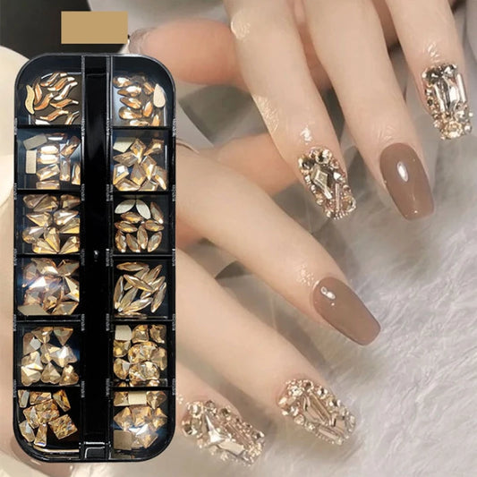 12 Grid/Box Nail Art Rhinestone 3D Decoration Crystal Stone Accessories Clear Flat Bottom Mixed Shape Sparkle DIY Beauty Health