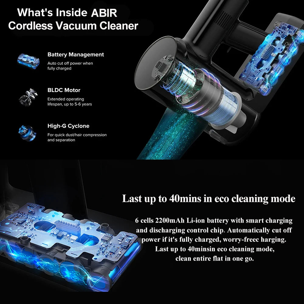 Cordless Handheld Vacuum Cleaner ABIR VC203,19500Pa, Auto Dust Sensor,RGB Ring Light,Magnetic Charging Port,Smart Vacuum Stick