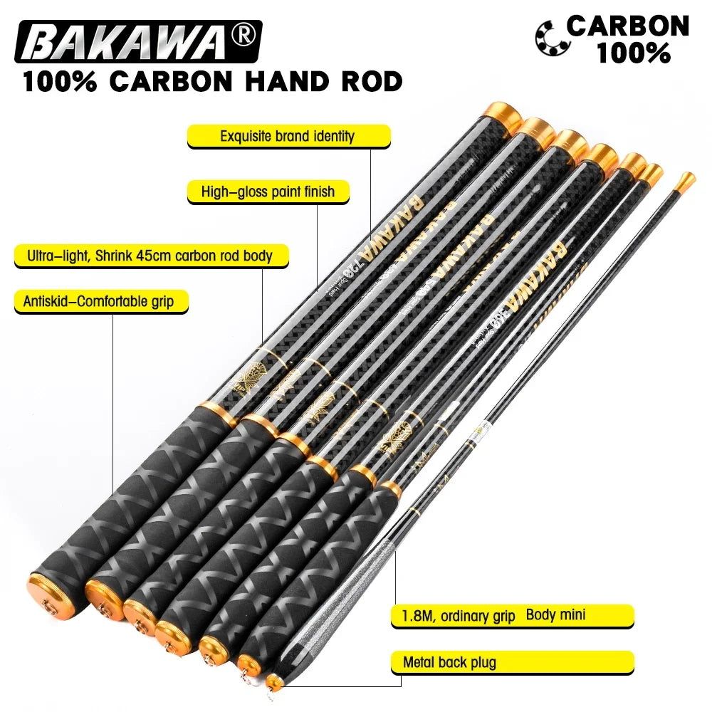 BAKAWA Ultralight Carbon Fishing Rods 1.8M-7.2M Portable Telescopic Travel Mini Stream Feeder Pole Hard Pesca Carp Freshwater