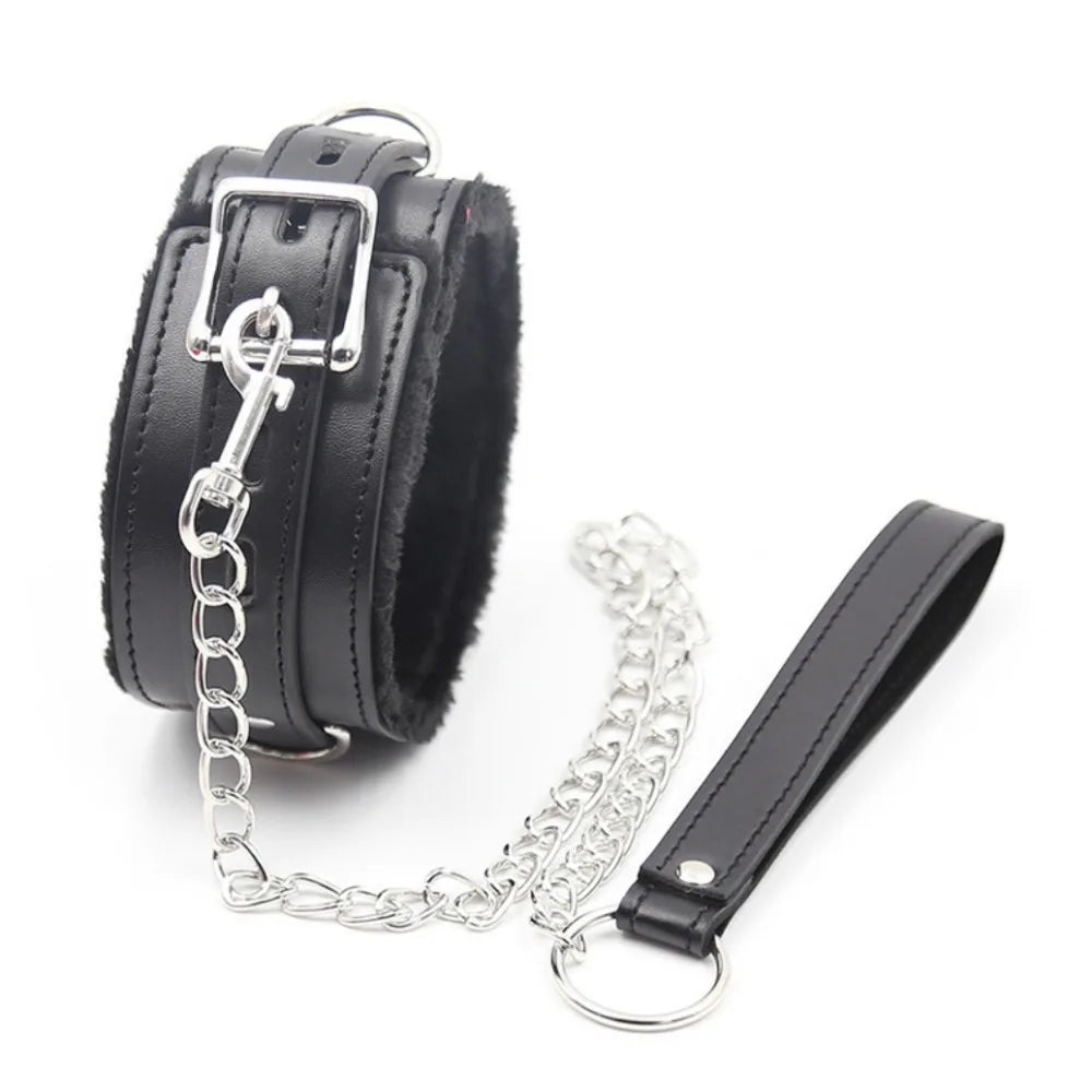 Adult sexy chain red leather thick plush collar dog chain ladies with sm bound collar toys.