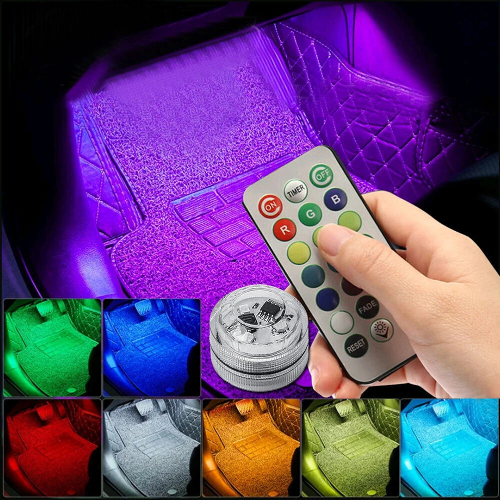 2/4pcs Wireless Adhesive Multicolor Atmosphere Light with Remote Control Kit IP68 Waterproof Car Interior Roof Foot Ambient Lamp