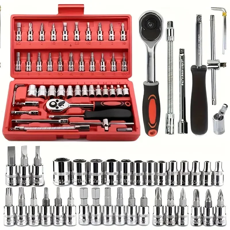 46 Piece Drive Socket Ratchet Wrench Set with Drill Socket Set Metric & Extension Rod, Car Repair & Home Use with Storage