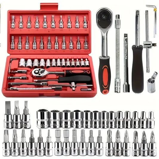 46 Piece Drive Socket Ratchet Wrench Set with Drill Socket Set Metric & Extension Rod, Car Repair & Home Use with Storage