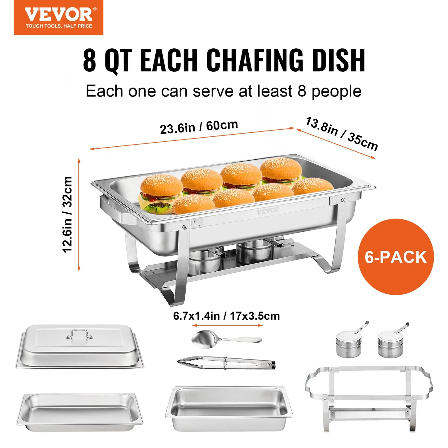 VEVOR 6 Packs 8QT Rectangle Chafing Dish w/ Full Size Pans Buffet Catering Warmer Server Folding Stand Fuel Holder Tray