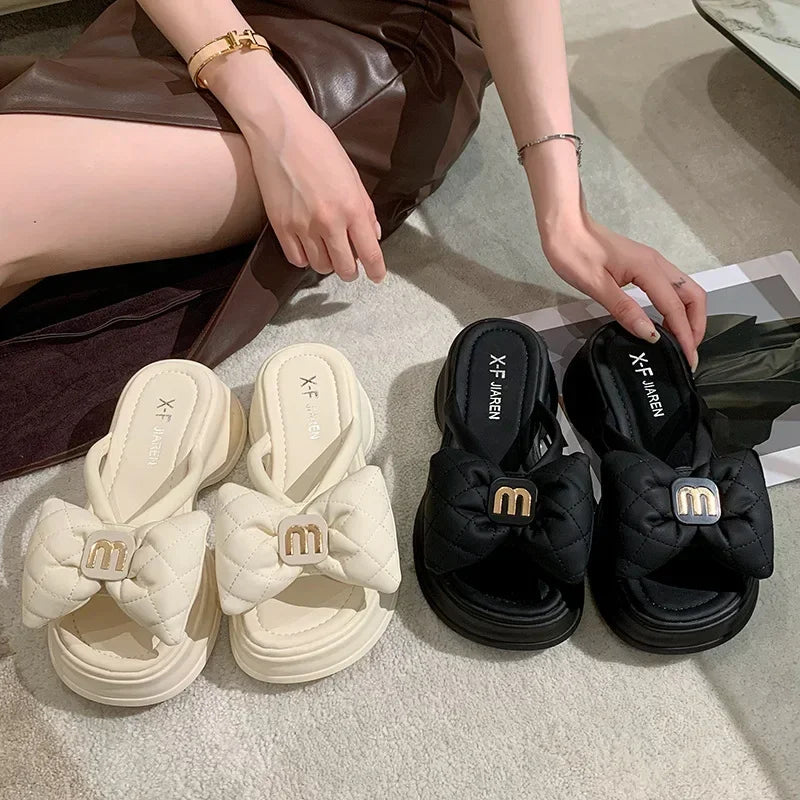 2024 New Korean Edition Casual Beach Shoes Versatile Thick Sole Sandals Women's Shoes Bow Slippers Women's Outwear Summer