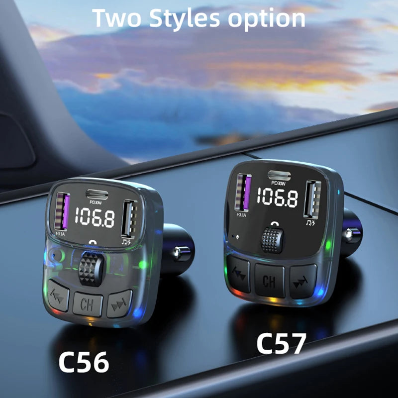 Bluetooth 5.3 Car FM Transmitter PD 30W Dual USB 3.1A Type-C Car Charger Handsfree Car Kit Mp3 Player Autoradio