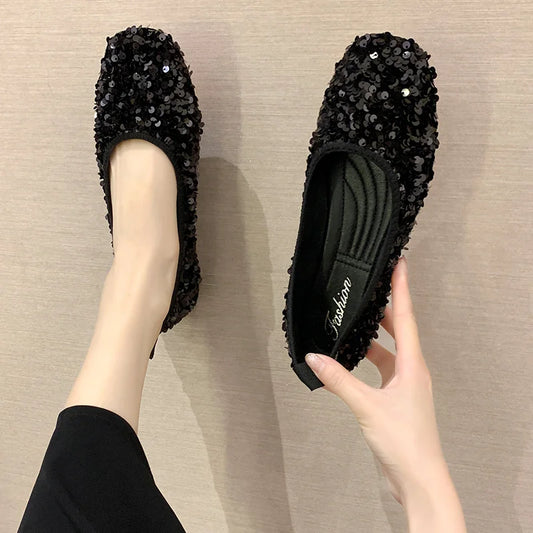 Elegant Women's Leather Shoes Comfort Autumn Casual Female Sneakers Square Toe Flats Comfortable Boat Moccasin Fall New Glitter