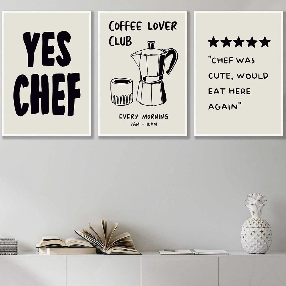 Food Art Posters Coffee Lover Pasta Club Canvas Painting Wall Prints Yes Chef Kitchen Pictures for Living Room Home Decoration