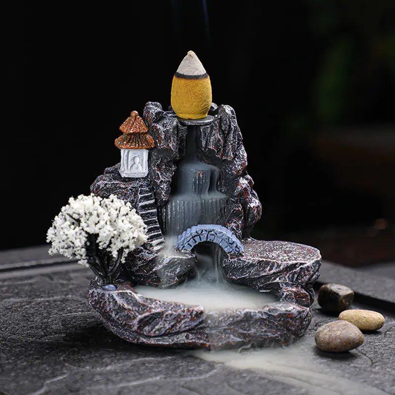Backflow Incense Holder Mountains River Waterfall Fragrance Fireplace Aromatherapy Zen Home Decor with Backflow Incense Cones