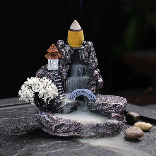 Backflow Incense Holder Mountains River Waterfall Fragrance Fireplace Aromatherapy Zen Home Decor with Backflow Incense Cones
