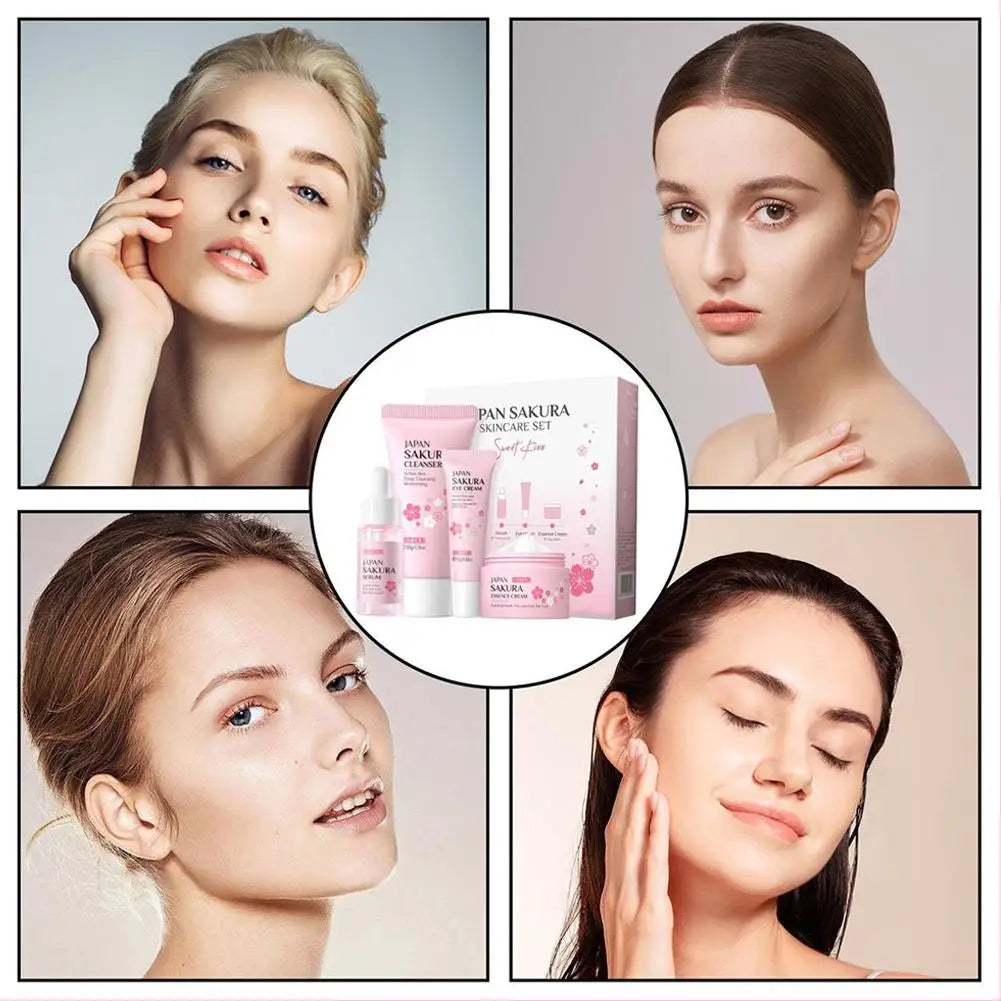 Sakura Skin Care Set Facial Cleanser, Face Cream, Serum, Toner Moisturizing, Whitening, Firming, Hydrating Kit 4pcs set