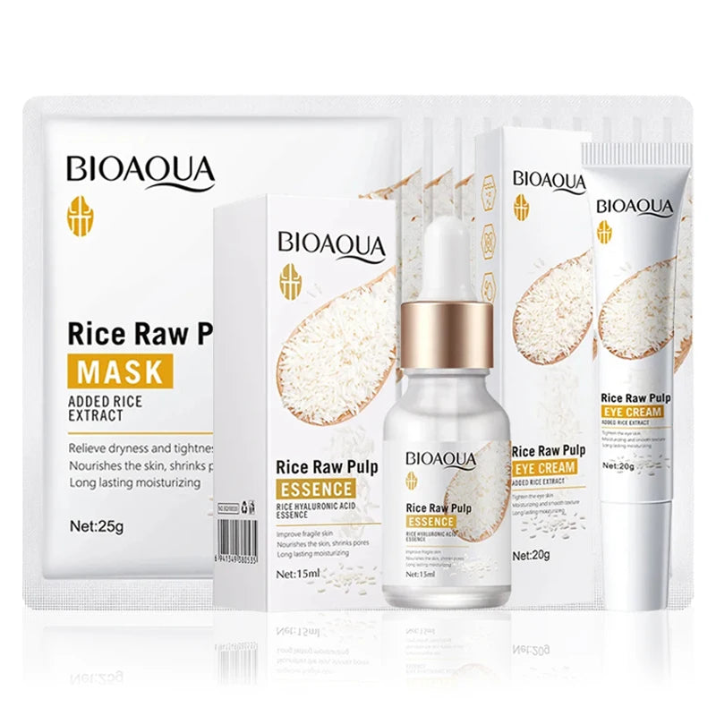 BIOAQUA Rice Raw Pulp Skin Care Sets Face Mask Facial Serum Eye Cream Firming Moisturizing Skin Brightening Beauty Face Care